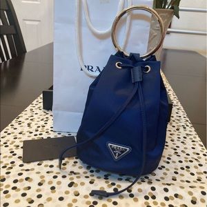 Prada O Ring Tessuto Clutch Drawstring Bag Blue